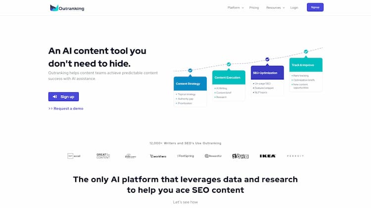 Outranking Make SEO content writing easy with software and tools boosted by AI Experience. See instant recommendations and optimization to outperform in search rankings.