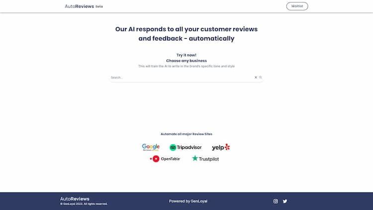 AutoReviews AI Our AI responds to all customer reviews and feedback - automatically. Get actionable insights and automatically respond to all your customer reviews in Yelp, Google, Tripadvisor, OpenTable and more!