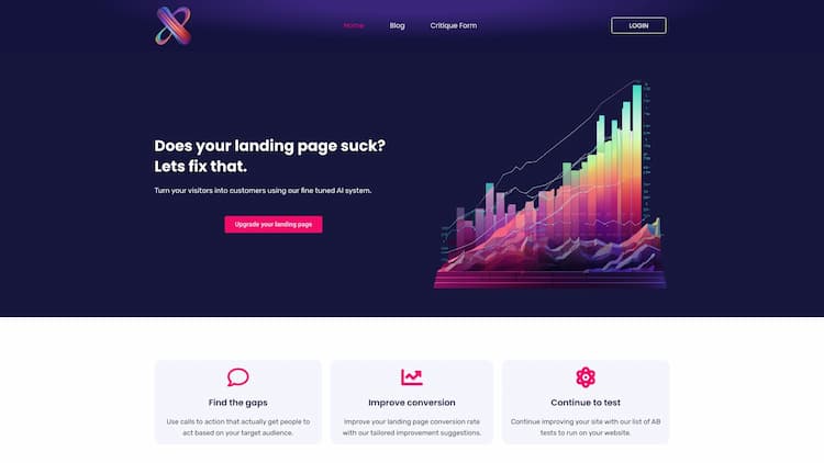Business Hax Does your landing page suck? Lets fix that. Turn your visitors into customers using our fine tuned Al system. Upgrade your landing page Find the gaps Use calls to action that actually get people to act based on your target audience. Improve conversion Improve your landing page conversion rate with our tailored improvement suggestions. Continue…