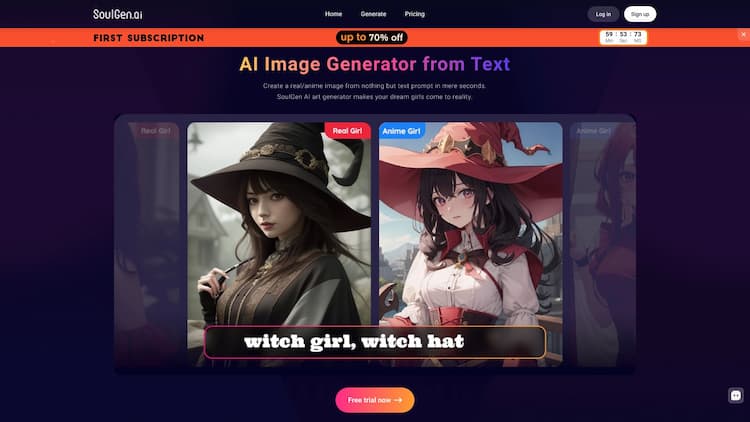 SoulGen SoulGen is an AI image generator to create stunning art of real/ anime girls from text or prompt. Get FREE trial now and generate customized AI character.