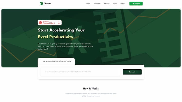 Sheeter.ai Sheeter.ai is an advanced AI-based excel formula generator website that aims to simplify your productivity by generating complex formulas for you. With our advanced AI algorithms, you can effortlessly create efficient and effective formulas.