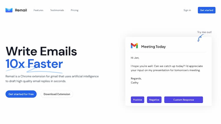Remail Remail is a Chrome extension for gmail that uses artificial intelligence to draft high quality email replies in seconds.