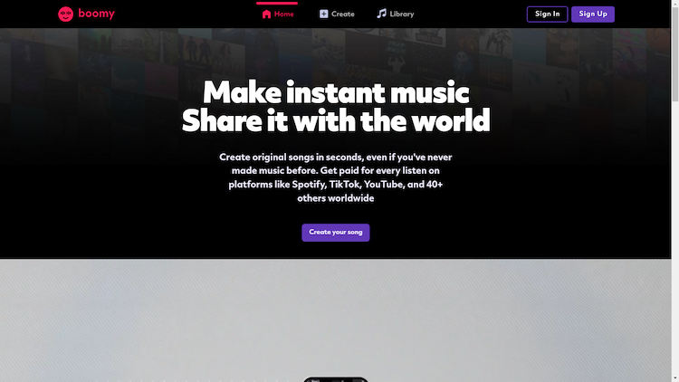 Boomy Generate income by creating music and earning royalties for each play across more than 40 global platforms.