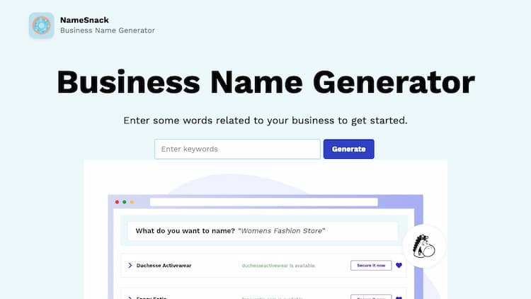 NameSnack generates 100+ short, available, and brandable business names instantly. Powered by A.I. and 100% free.