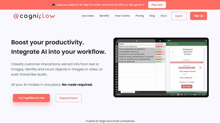 Cogniflow Boost your productivity. Put AI to work. Save hours every week by automating tasks. Create AI Chatbots, and info Extractor, or create your own AI models to analyze images or text. Start now for free. No-code required
