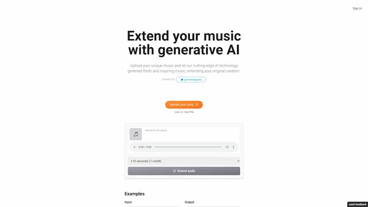 ExtendMusic.AI Amplify your music with ExtendMusic.AI's innovative AI technology. Upload your music and let our AI generate inspiring pieces that enrich your sound. An excellent tool for music creators looking to enhance and extend their original compositions.
