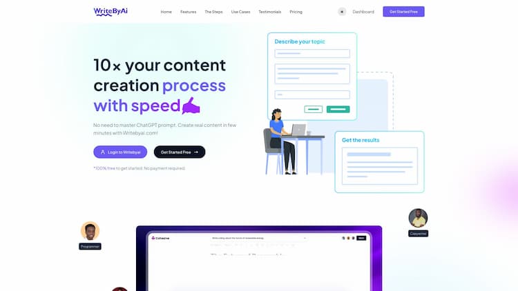 WritebyAI Writebyai: Best for Creating blog posts, Generating copy that sells, AI Code Assistant, AI Image for teams. Get started It's for free!