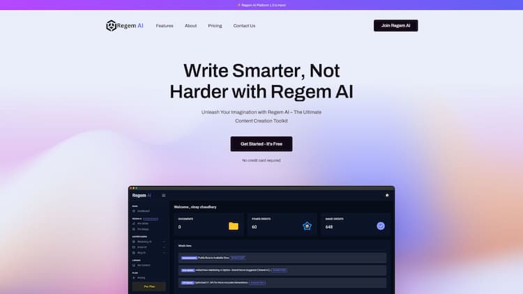 Regem AI Platform Write High-Quality Content Seamlessly without any extra effort. Start using Regem AI Platform for Free. Get started now...