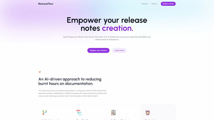 ReleaseFlow Harness the power of AI to revolutionise your process, and generate and publish your release notes for all audiences. Increase your team's productivity and ditch the manual work, allowing your team to be more focused on what really matters.