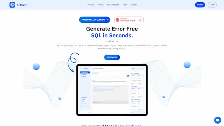 AI Query 2.0 AI Query helps you generate complex SQL queries in seconds. Use simple English prompts to generate SQL queries. AI Query uses state of the art OpenAI GPT & Google PaLM 2 AI models to give you the best results.