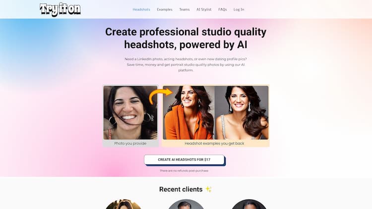 Tryitonai Studio quality AI Headshots for every occasion, from LinkedIn to modeling & acting portfolios to brand content and even dating profiles. Use Try it on AI to get stunning AI Headshots. 