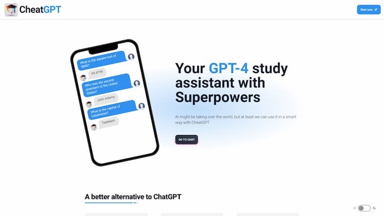 CheatGPT Discover CheatGPT, an AI-driven study tool designed to help students excel academically. Get instant solutions to your problems, in-depth explanations, exam assistance, English translations, grammar corrections, and more. Harness the power of GPT-4 for a smarter study experience