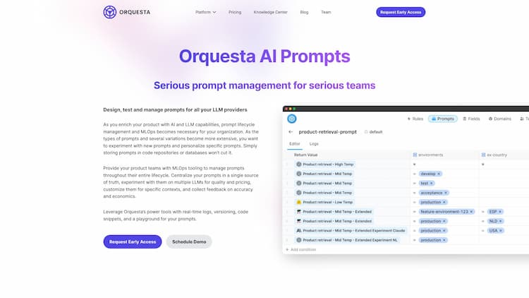 Orquesta AI Prompts Integrate and operate your products with the power of Large Language Models from a single collaboration platform. Conduct prompt engineering, experimentation, operations and monitoring across models, with full transparency on quality and costs.