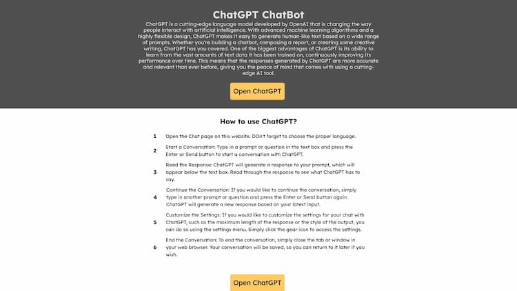 ChatGPT - Online AI Chat Unlimited Try ChatGPT for free and without registration. The most convenient way to use ChatGPT without any restrictions. ChatGPT which is always available and Unlimited.