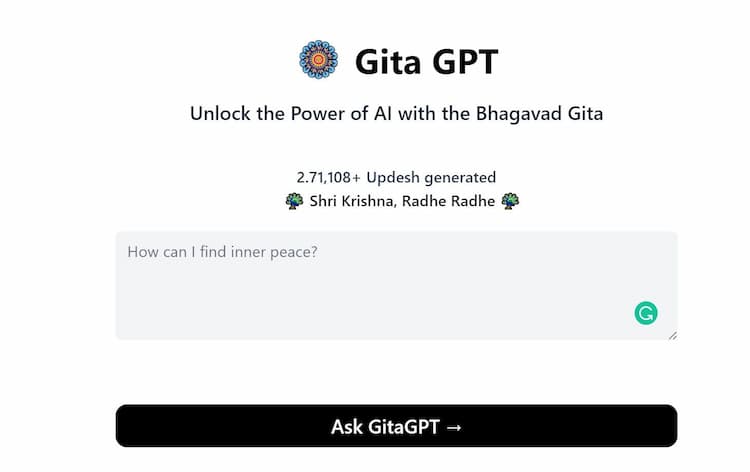 Gita GPT Discover the potential of Artificial Intelligence through the wisdom of the Bhagavad Gita.