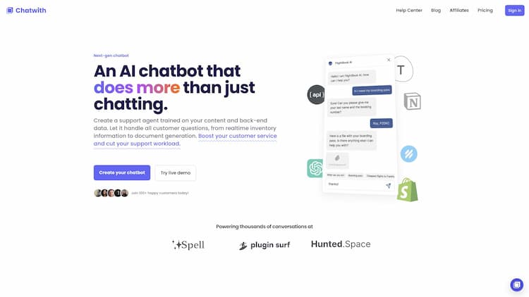 Chatwith Custom ChatGPT AI chatbot trained on your website and files. Integrated with 6000+ apps. No coding, on your website in minutes.