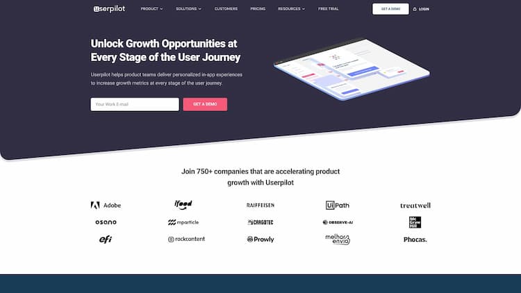 Userpilot Userpilot helps product teams deliver personalized in-app experiences to increase growth metrics at every stage of the user journey.