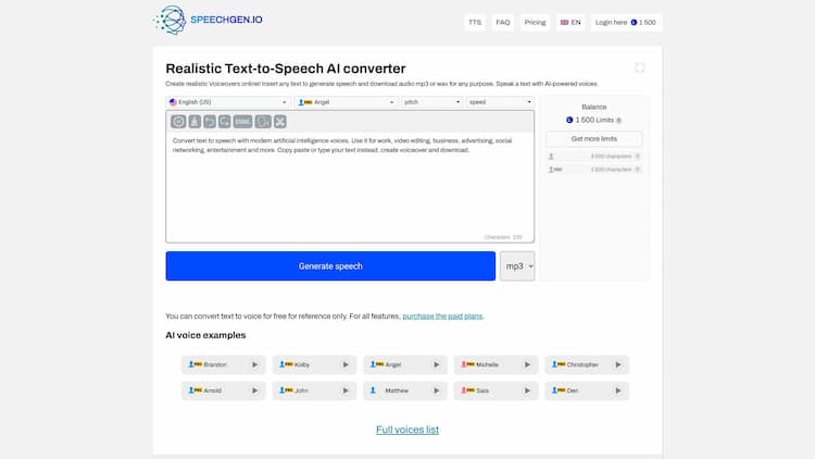 SpeechGen.io Generate realistic Voiceovers online! Insert text to generate speech and download audio mp3/wav. Speak a text with AI-powered voices.
