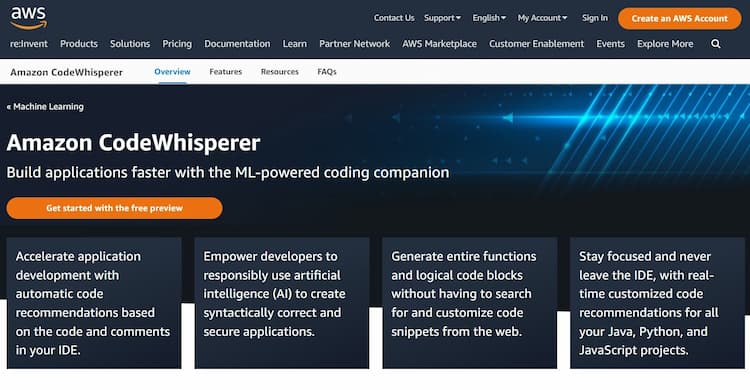 Amazon CodeWhisperer Increase your coding speed with the help of machine learning-driven code suggestions.