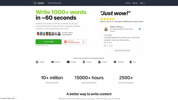 Copylime.com Write 1000+ words blog articles in ~60 seconds with smart AI Writing Assistant • Copylime, your Smart AI Writer