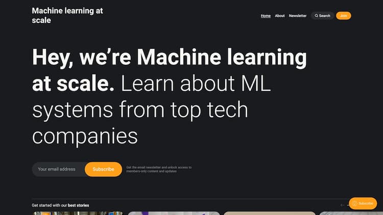 Machine learning at scale Machine learning at scale: Learn about ML systems from top tech companies. Delivered once a week in your inbox.