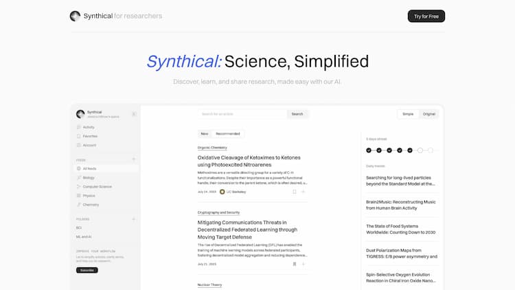 Synthical: Science, Simplified Check out new papers about Machine Learning, Biology, Physics, and more.