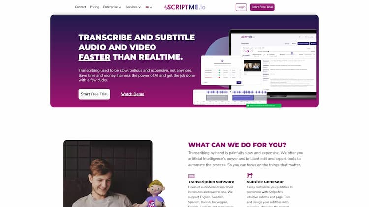 ScriptMe Transcribe audio and video faster than real time in +31 languages - Transcribe, subtitle, translate and export them in many formats with ScriptMe.
