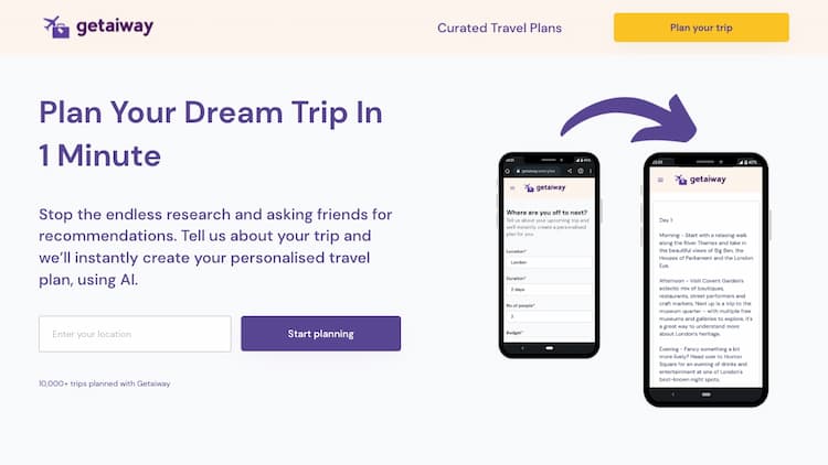 getaiway Tell us about your trip and weâll create your personalised travel plan in minutes, using AI.