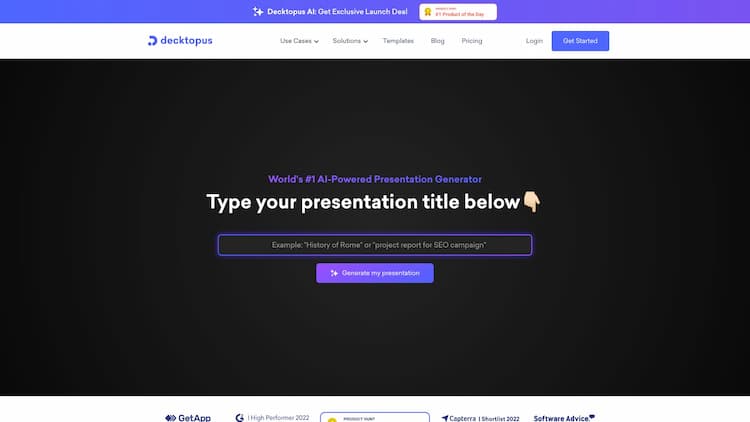 Decktopus AI Decktopus is an AI presentation maker, that will create amazing presentations in seconds. You only need to type the presentation title and your presentation is ready.