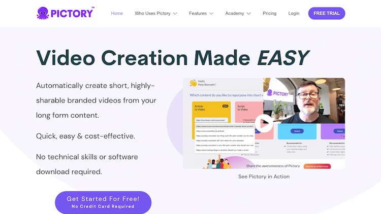 Pictory Pictory's powerful AI enables you to create and edit professional quality videos using text, no technical skills required or software to download.
