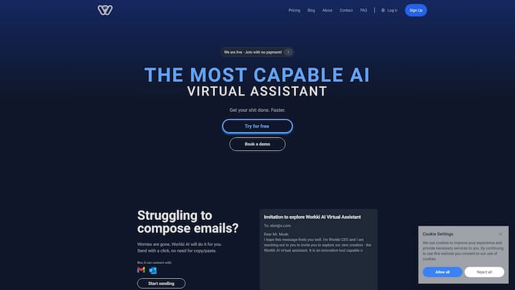 Workki AI Workki AI is an AI-powered virtual assistant that helps you manage your tasks, schedule meetings, write emails, and more.