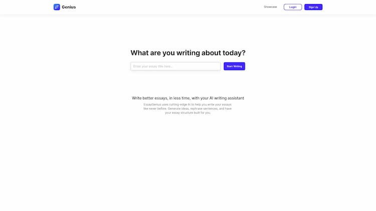EssayGenius EssayGenius lets you write better essays, in less time. Our AI tools help you generate new paragraphs, complete sentences, and rephrase your work to avoid plagiarism.