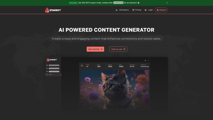 Starsky AI Starsky is your go-to destination for AI powered content generation technology. Our cutting-edge generator uses advanced algorithms to produce high-quality content that's tailored to your specific needs.