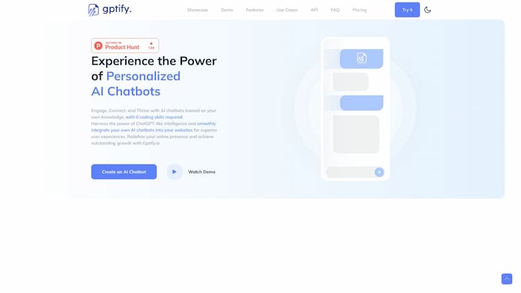 Gptify.io Introducing Gptify.io - create AI chatbots effortlessly! Train on your data (docs, videos, sites), embed with a single script. Perfect for customer support, sales, education and much more. Try now: https://gptify.io Unlock the power of AI chatbots!