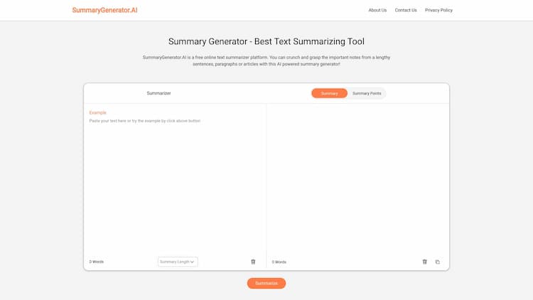 summarygenerator.ai SummaryGenerator.AI is the best AI based text summarization tool that actually understands the context and summarizers given paragraphs, sentences or articles.