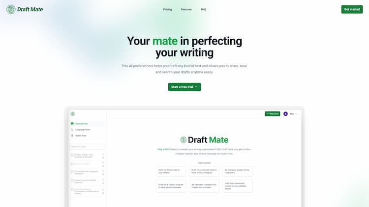 DraftMate DraftMate is a powerful writing assistant that enhances your experience with AI technology. Whether you're a writer, student, or professional, DraftMate can help you create high-quality content quickly and efficiently.