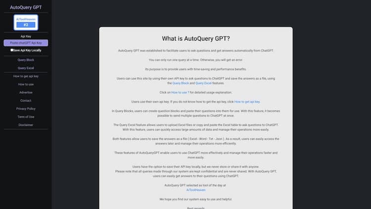 AutoQuery GPT AutoQueryGPT is a platform that allows users to ask questions to ChatGPT and get answers automatically, providing them with time-saving and performance benefits.