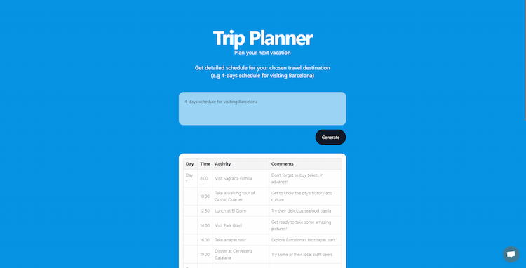AI Trip Planner Generate comprehensive, day-to-day schedules for any chosen location.