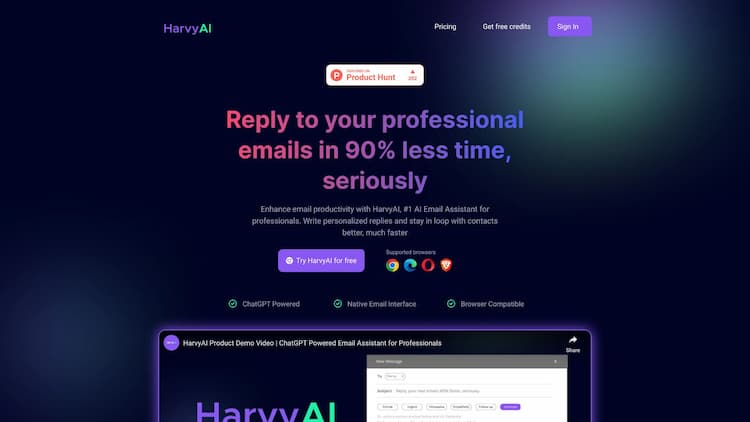 HarvyAI Write professional email replies faster with the power of AI. ChatGPT powered. Native email interface. Browser compatible. 
