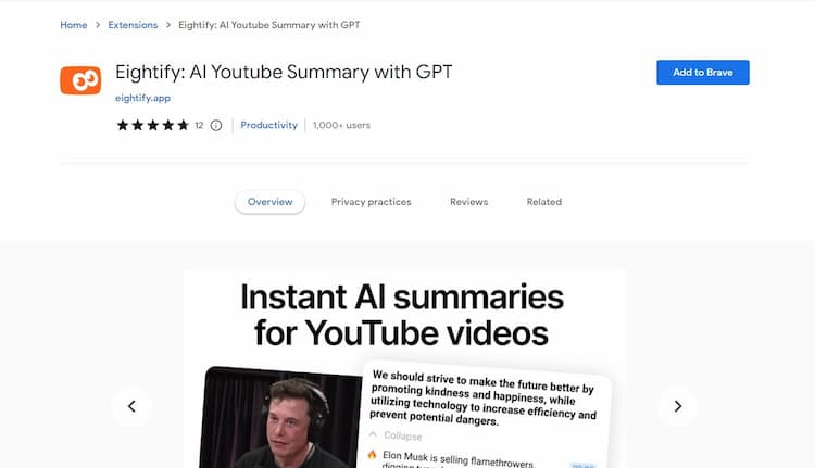 Eightify A compilation of 8 essential concepts to help users determine the value of a YouTube video before watching it.