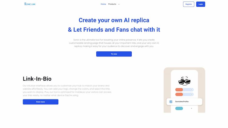 Sonic Link Sonic is the ultimate tool for boosting your online presence. Create Link-in-bio and your own AI chatbots. Showcase important links, and engage with your audience effortlessly.