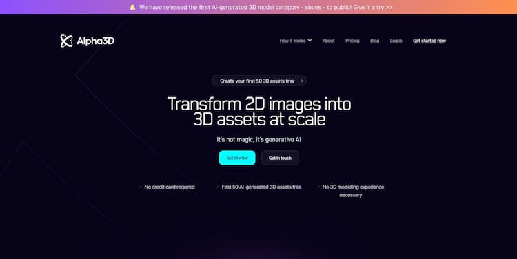 Alpha3D Alpha3D is an innovative platform that utilizes artificial intelligence to convert 2D images into top-notch 3D assets on a large scale.