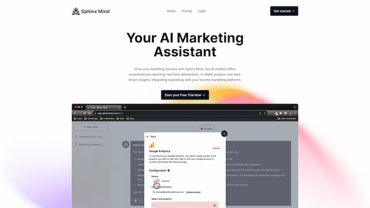 Sphinx Mind Simplify marketing with Sphinx Mind, your AI assistant. Integrate with leading platforms, get automated reports, insightful analysis, and optimize performance.