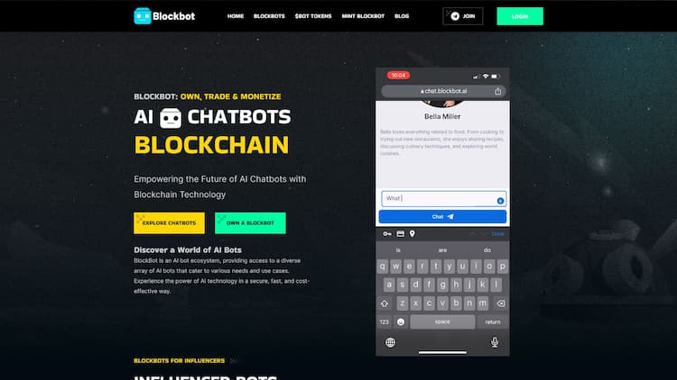 BlockBot Discover BlockBot, the decentralized AI bots ecosystem powered by blockchain to create, trade and monetize AI Bots. Access cutting-edge AI bots for chatting, content creation, generative AI art, and entertainment. Join our thriving community and experience the future of AI technology.