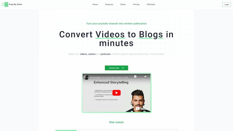 BlogMyVideo Convert your video/audio content into captivating blog posts effortlessly. Explore our service on transforming videos, audios, and podcasts into engaging written articles. Enhance your online presence and reach a wider audience through creative video to blog conversion.