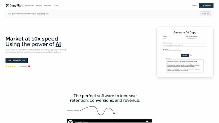 CopyPilot The Ultimate AI Copywriting Platform. Specialize in creating high-converting copy using the power of AI. Create blog posts, articles, and most of all, optimized and converting ad copy.