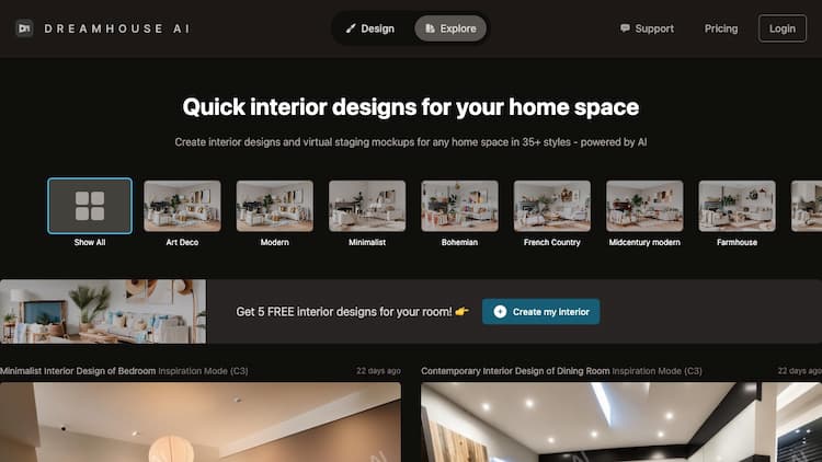 Dreamhouse AI AI-powered tool that re-designs your home and virtually stages furniture in less than 10 seconds. Free to try. No credit card required.