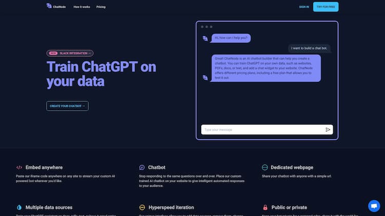 ChatNode Build your own AI assistant for your website or create an internal research tool by training ChatGPT on any data you'd like.