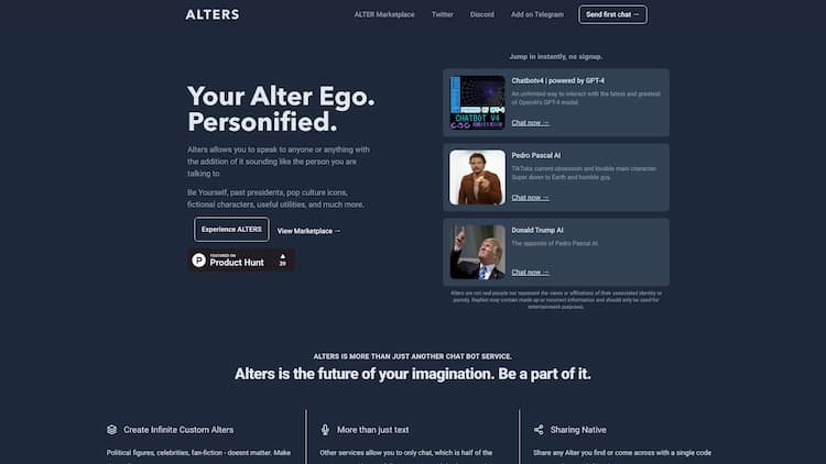 ALTERS - Your AI Alter ago personified ALTERS is where your imagination and personality can be perfectly captured and replicated using the latest AI technology. Monetize your creations, automated your fan interactions, and much more.