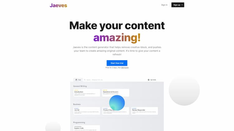 Jaeves Elevate your content creation with Jaeves, the ultimate AI Content Generator. Create genuine content 10X faster and conquer creative hurdles effortlessly.